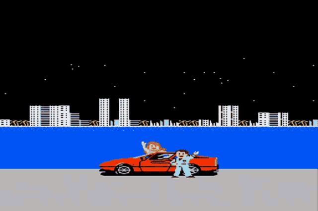 a video game shows a man standing next to a red car