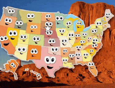a map of the united states with cartoon faces on the states