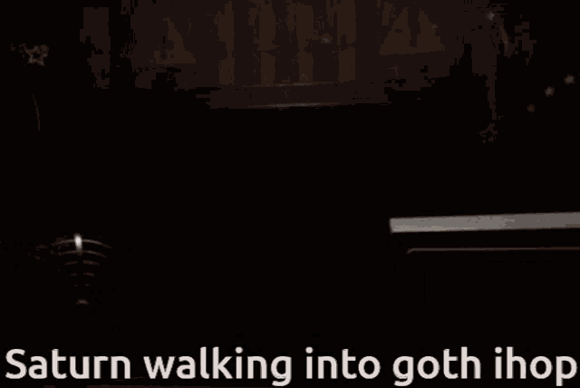 a cartoon of a teddy bear in a dark hallway with the caption saturn walking into goth ihop