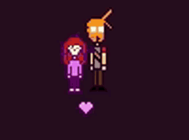 a pixel art drawing of a man and a girl holding hands