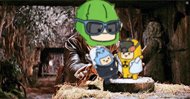 a cartoon character wearing a green helmet and sunglasses is standing next to two other characters