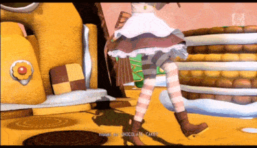 a girl in a maid outfit is dancing in front of a chocolate cake house