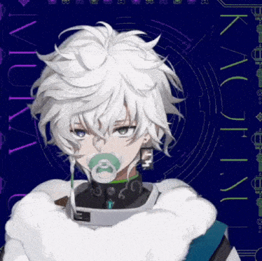 a boy with white hair is holding a pacifier