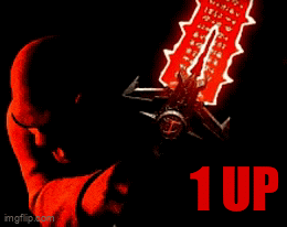 a man is holding a red sword with the number 1 up in red letters