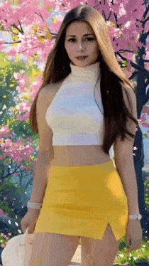 a woman in a white crop top and yellow skirt stands in front of a painting of flowers