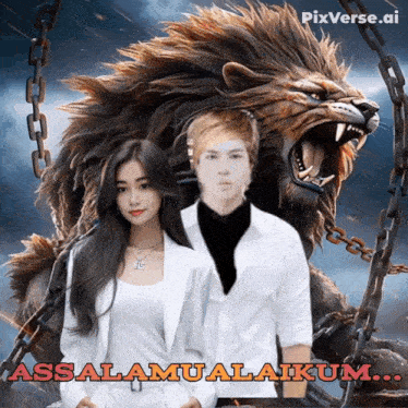 a picture of a man and a woman with a lion in the background and the words assalamualaikum on the bottom