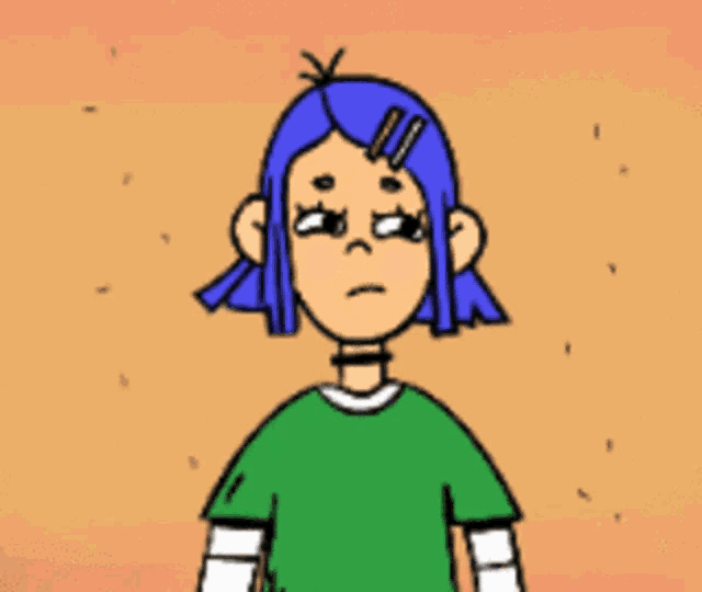 a cartoon drawing of a girl with blue hair and braces on her teeth