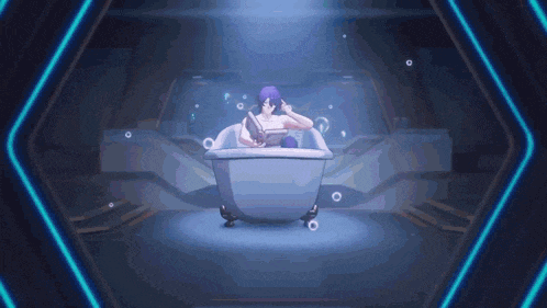 a man is sitting in a bathtub with bubbles coming out of it