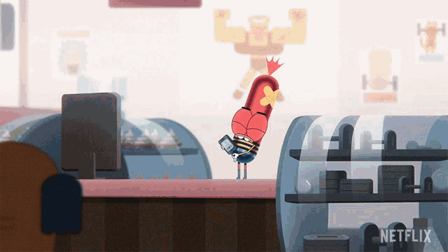 a cartoon character in a store with a netflix logo in the corner