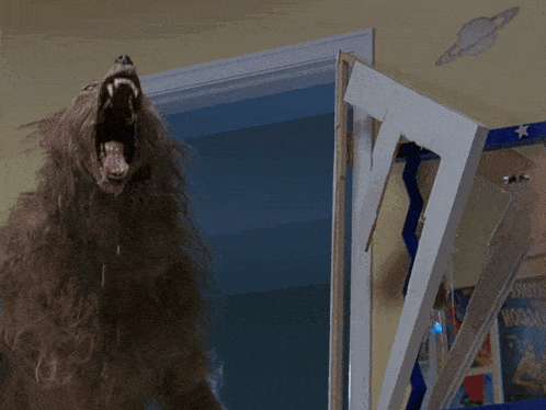a werewolf is standing in front of a window with a sign on the wall that says ' wonderful world '