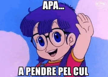 a cartoon girl with glasses is waving her hand with a caption that says apa a prendre pel cul