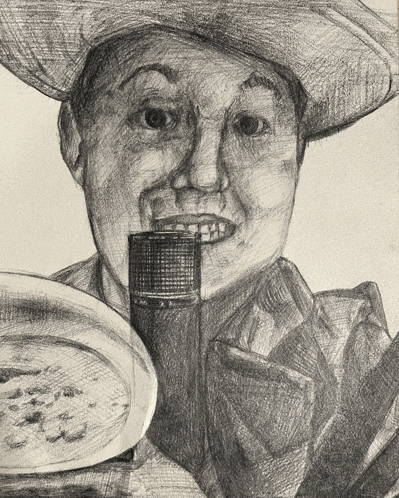 a drawing of a man with a microphone and a plate of food
