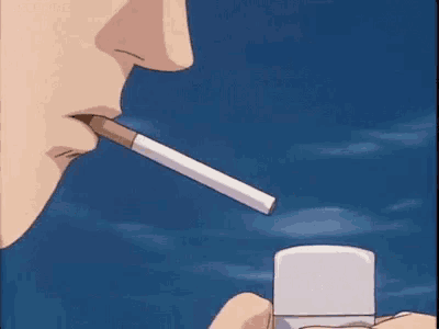 a man is smoking a cigarette in front of a lighter with flames coming out of it .