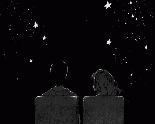 a black and white drawing of a man and a woman looking up at the stars
