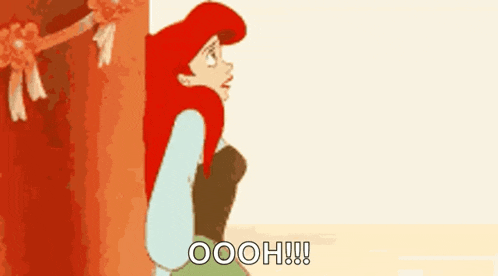 a cartoon of ariel from the little mermaid is peeking out from behind a curtain .
