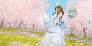 a woman in a white dress and crown is standing in a field of flowers .
