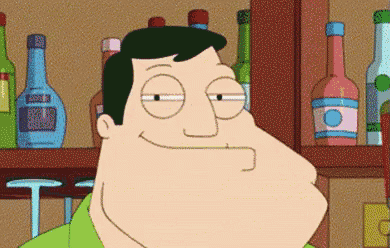 a cartoon character is standing in front of a bar with bottles on it