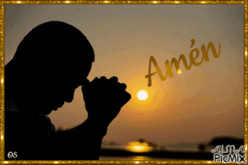 a silhouette of a man praying with the word amen written on it