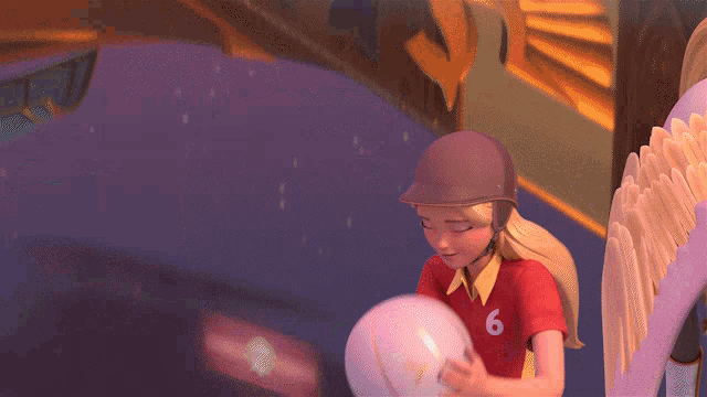 a girl in a red shirt with the letter e on the front