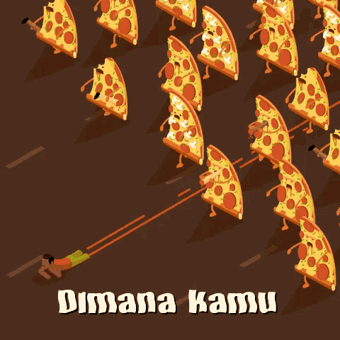 a man is laying on the ground surrounded by slices of pepperoni pizza with the words dimana kamu below them