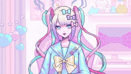 a pixel art drawing of a girl with pigtails