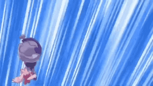 a cartoon character is flying through the air on a blue background with a striped pattern .