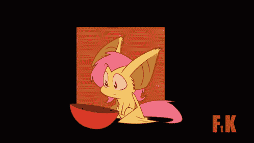 a cartoon drawing of a fox with a bowl of fruit and the letter f.k.