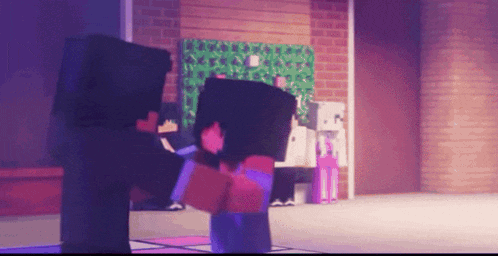 a couple of minecraft characters standing next to each other on a dance floor