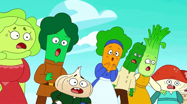 a group of cartoon characters including broccoli carrots and mushrooms