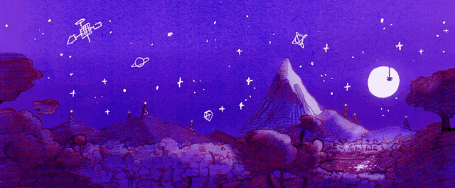 a drawing of a mountain at night with a full moon and planets