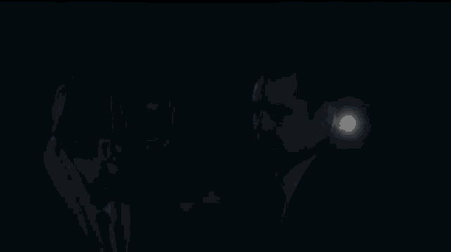 a woman is standing in the dark in a dark forest .