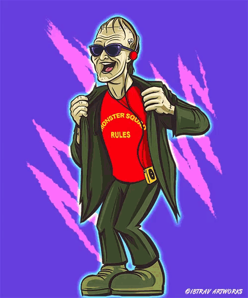 a cartoon drawing of a man wearing a monster squad rules shirt