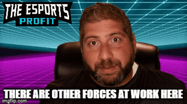 a man with a beard is sitting in front of a banner that says the esports profit
