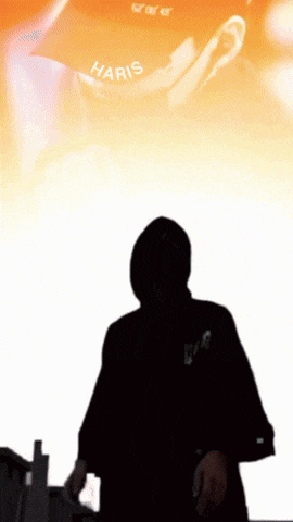 a silhouette of a person wearing a hat with the word haris on it
