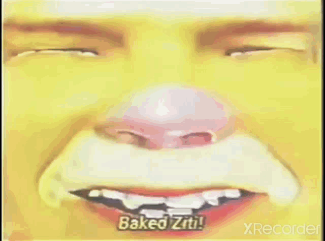 a close up of a man 's face with his eyes closed and the words baked ziti written on it .