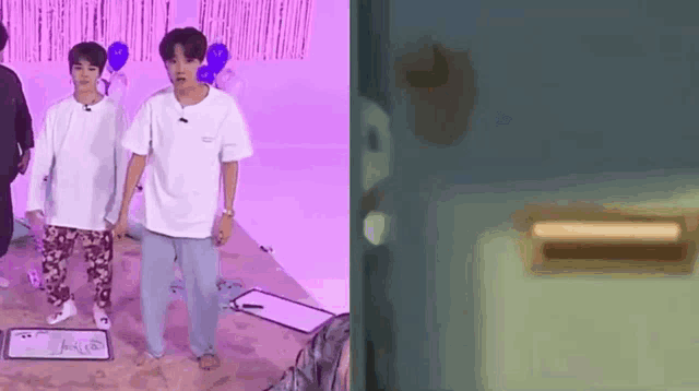 a group of young men are standing next to each other in a room with balloons on the wall .