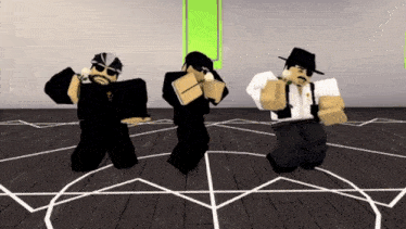 three cartoon characters are dancing in a room