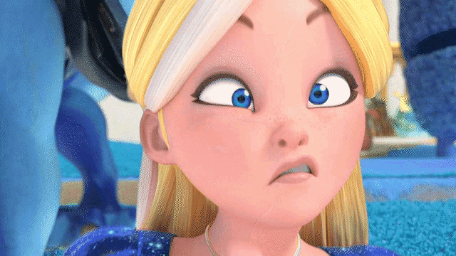 a close up of a cartoon girl with blonde hair and blue eyes