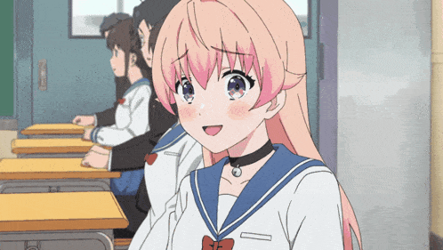a girl with pink hair and a choker is sitting at a desk in a classroom