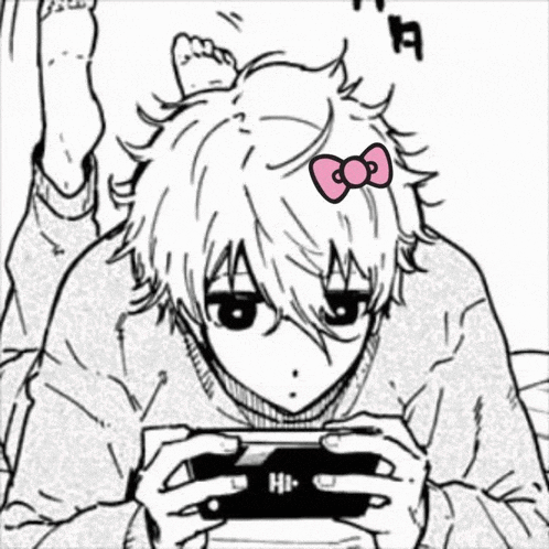 a black and white drawing of a person playing a video game with a hello kitty bow on their head .