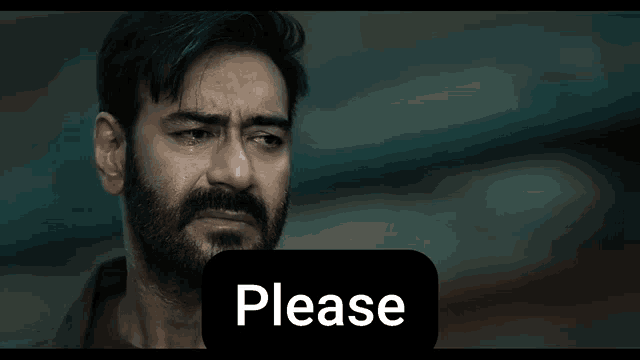 a man with a beard is crying with a please sign in front of him