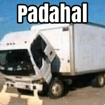 a white truck with its doors open and the words `` padahal '' on it .