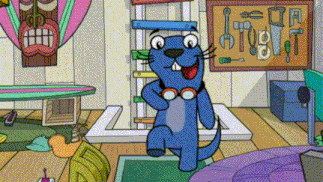 a cartoon otter wearing goggles stands in a room