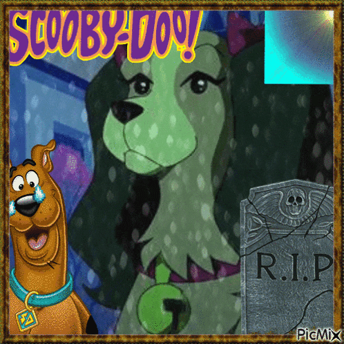 a picture of scooby doo and a green dog with a gravestone that says r.i.p