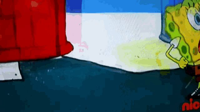 a cartoon of spongebob standing next to a red box with the word nickelodeon on the bottom