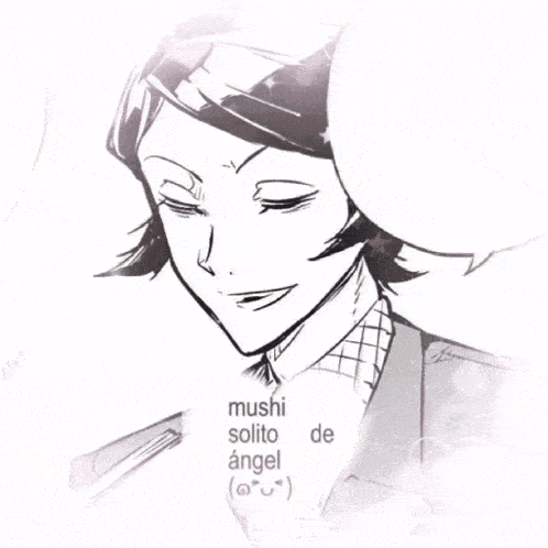 a black and white drawing of a man with the words mushi solito de angel written below him