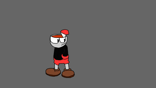 a cartoon character with a cup on his head and a red hat