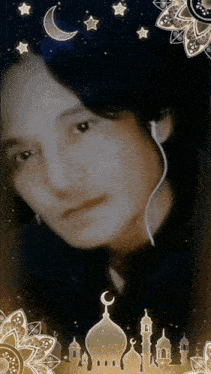 a woman wearing ear buds stands in front of a crescent moon and stars