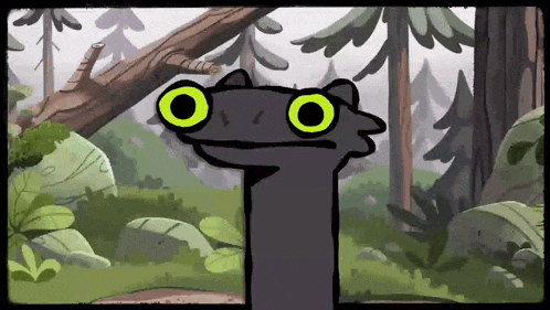 a cartoon drawing of a lizard with green eyes in a forest