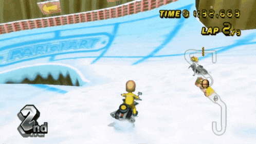 a video game shows a person riding a motorcycle in the snow and the time is 12:32